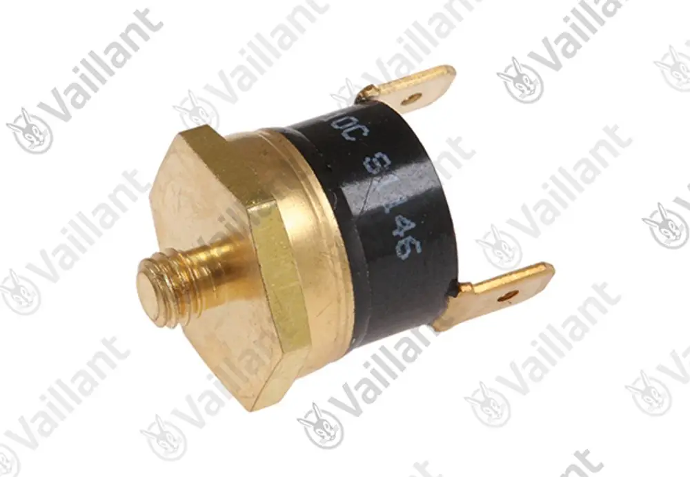 Sicherheitstemperaturbegrenzer von Vaillant, mit metallischem Gehäuse und zwei Anschlussklemmen. Kompakte Bauform für Einsatz in Heizsystemen.